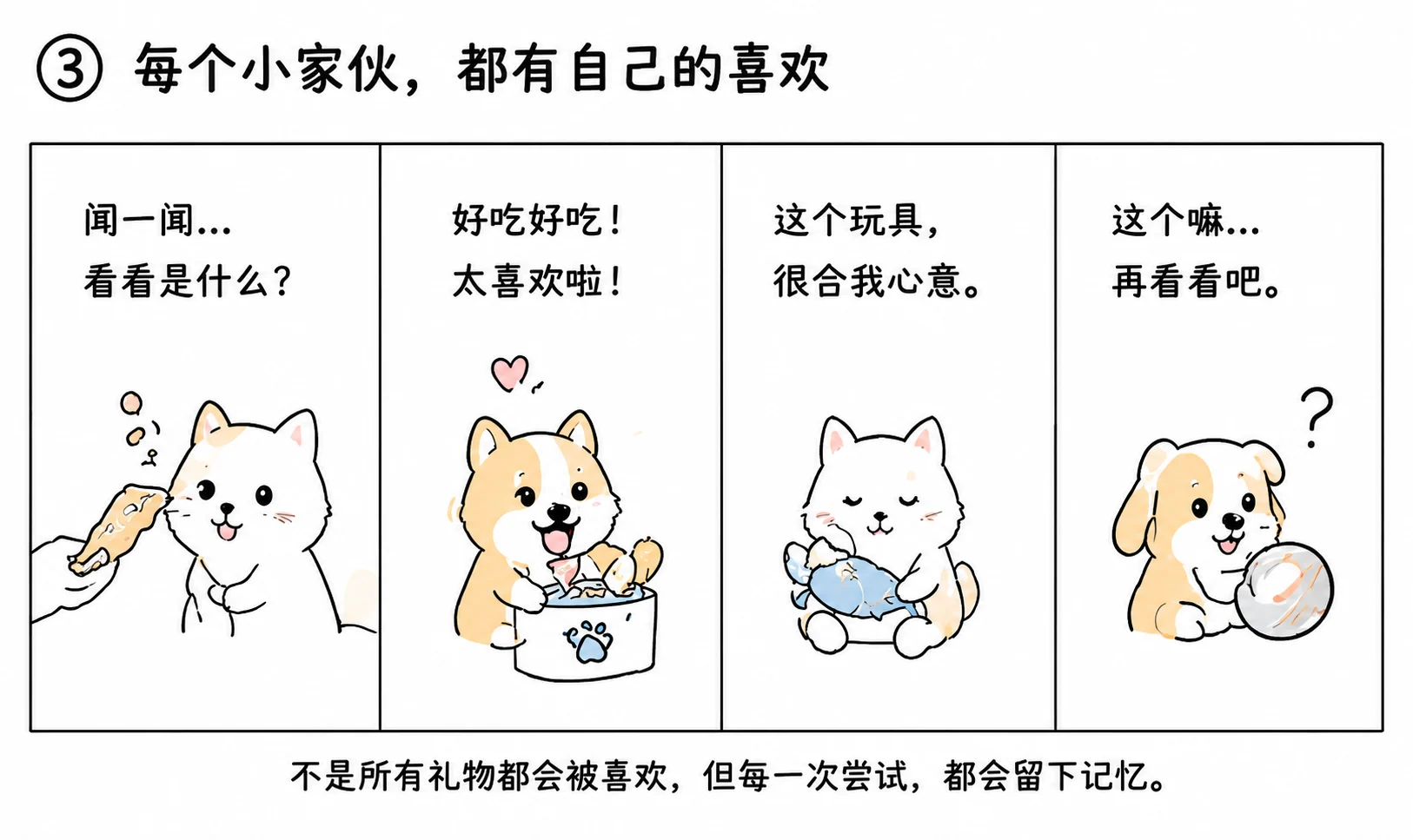 不同猫狗收到食物和玩具后表现出不同喜好的四格故事
